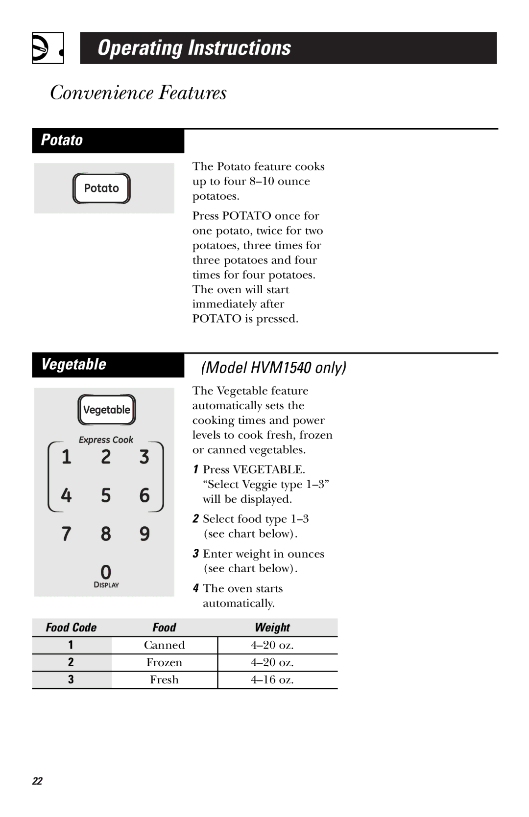 GE JNM1541, HVM1540, JVM1540 owner manual Potato, Food Code Weight 