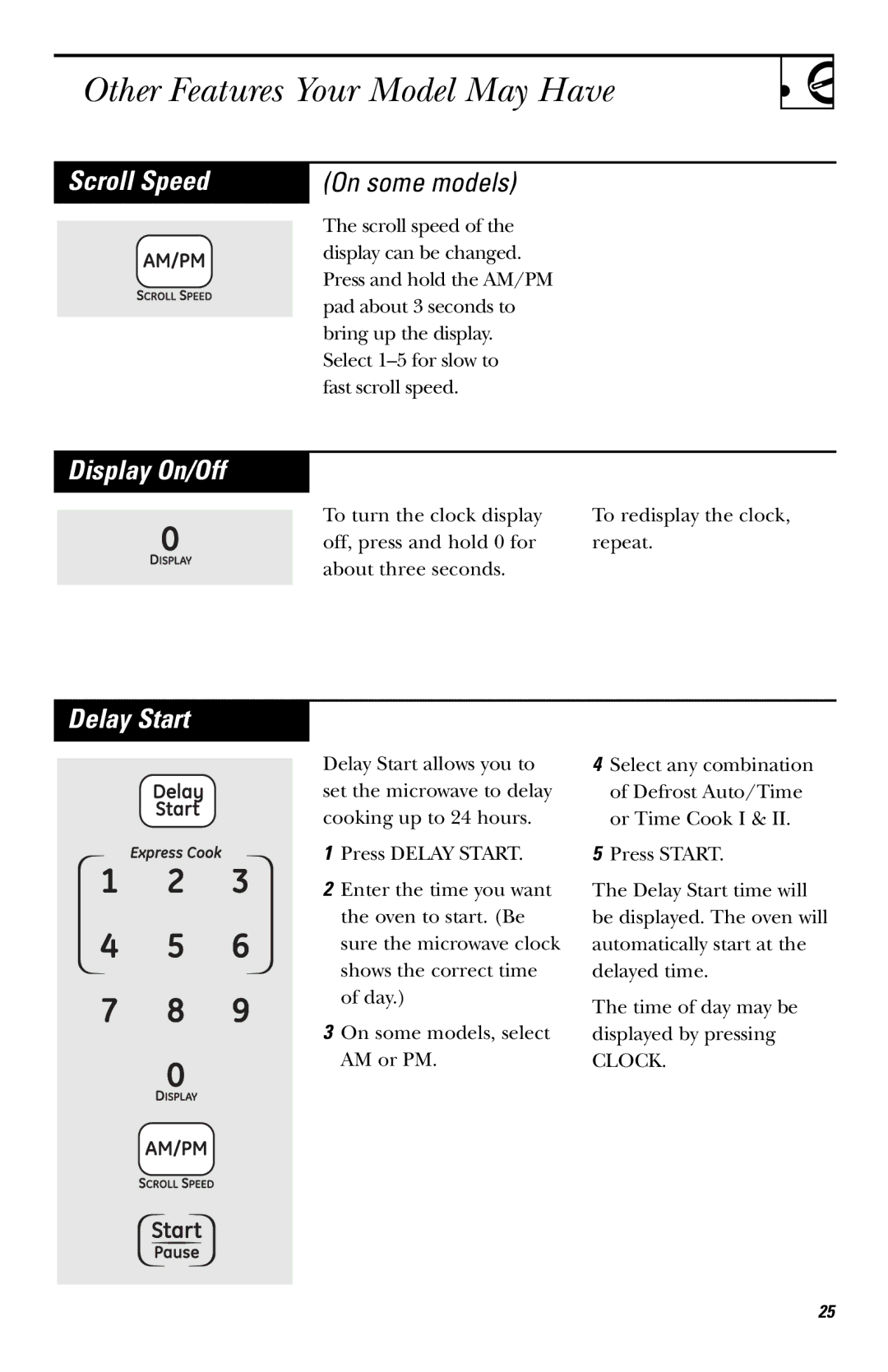 GE JNM1541, HVM1540, JVM1540 owner manual Scroll Speed, Display On/Off, Delay Start 
