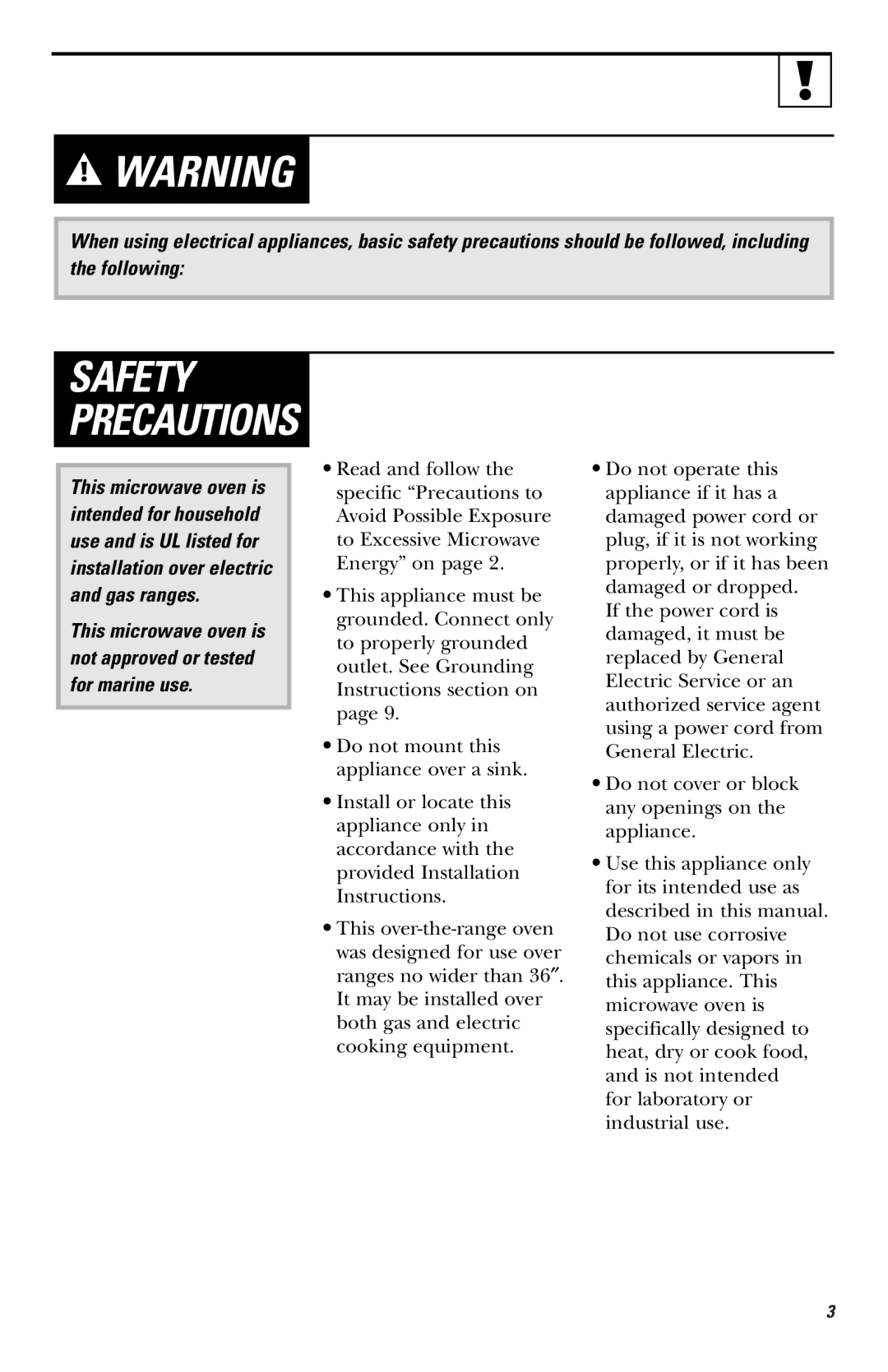 GE HVM1540, JNM1541, JVM1540 owner manual Safety Precautions 