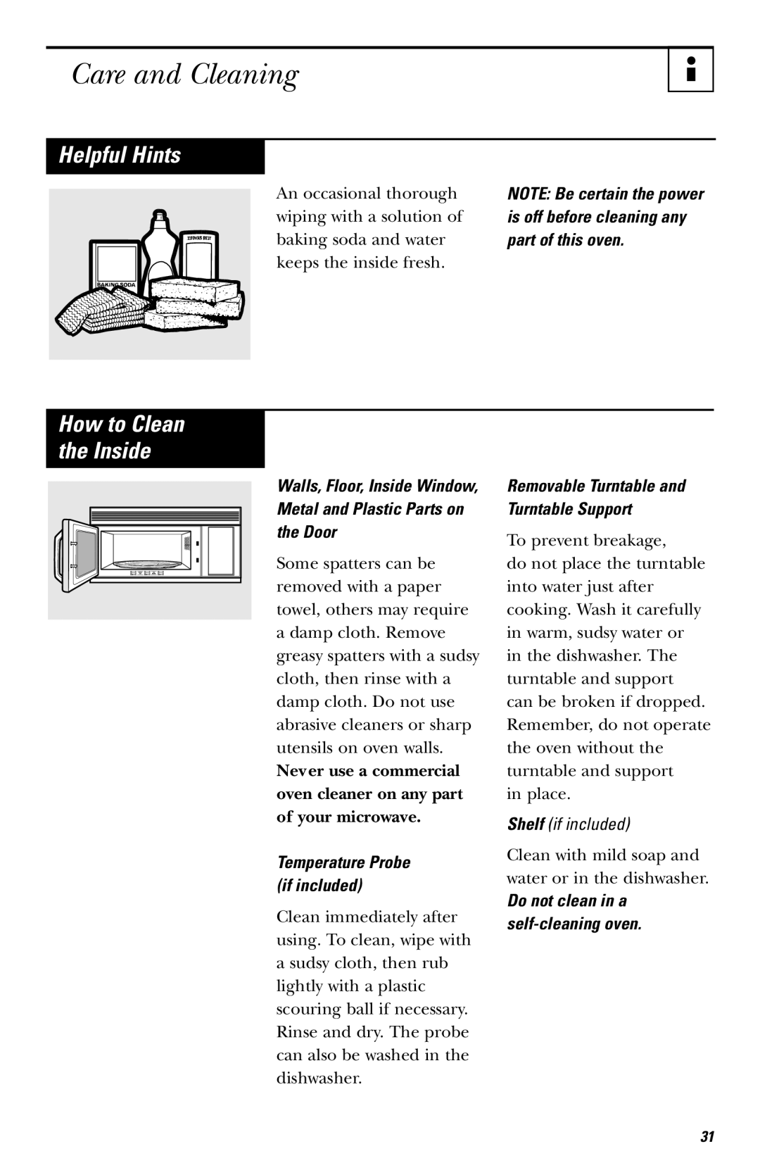 GE JNM1541, HVM1540, JVM1540 owner manual Care and Cleaning, Helpful Hints, Removable Turntable and Turntable Support 