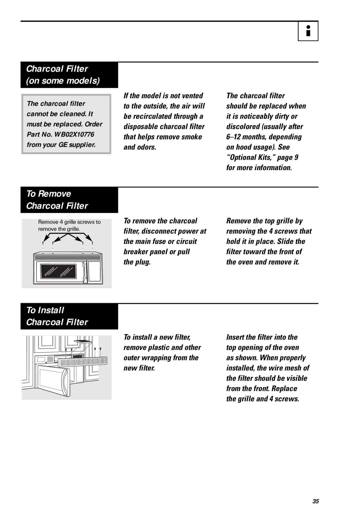 GE JVM1540, HVM1540, JNM1541 owner manual To Install Charcoal Filter, Charcoal Filter on some models 