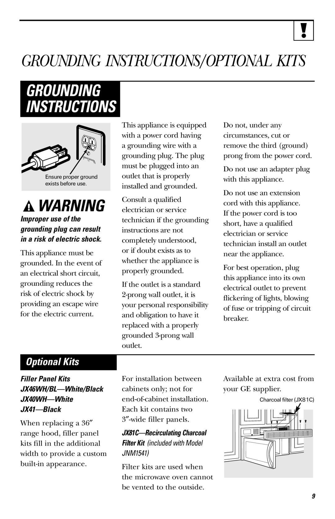 GE HVM1540, JNM1541, JVM1540 owner manual Grounding INSTRUCTIONS/OPTIONAL Kits, Optional Kits 