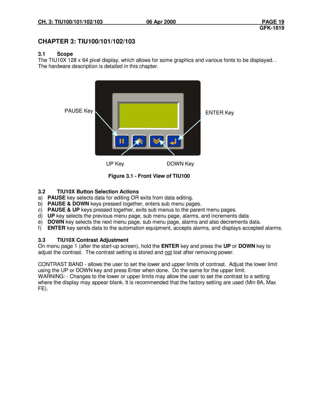 GE HE500TIU202, IC300TIU201, IC300TIU101, HE500TIU100 manual CH TIU100/101/102/103 06 Apr GFK-1819, TIU10X Contrast Adjustment 