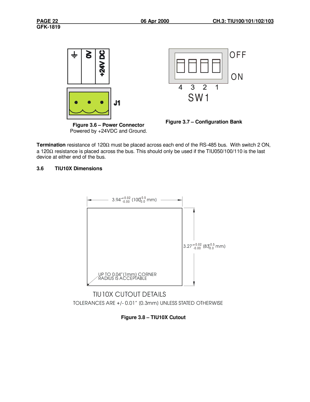 GE HE500TIU103, IC300TIU201, IC300TIU101, HE500TIU100, HE500TIU050 Apr CH.3 TIU100/101/102/103 GFK-1819, TIU10X Dimensions 