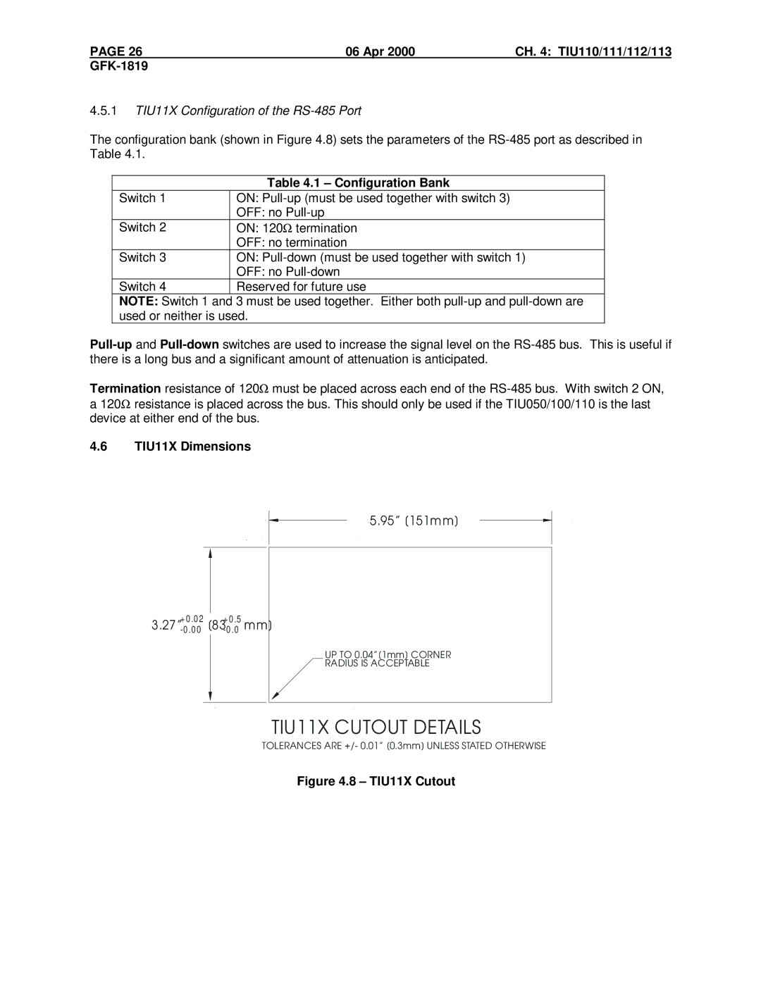 GE IC300TIU111 manual Apr CH TIU110/111/112/113 GFK-1819, 1 TIU11X Configuration of the RS-485 Port, TIU11X Dimensions 