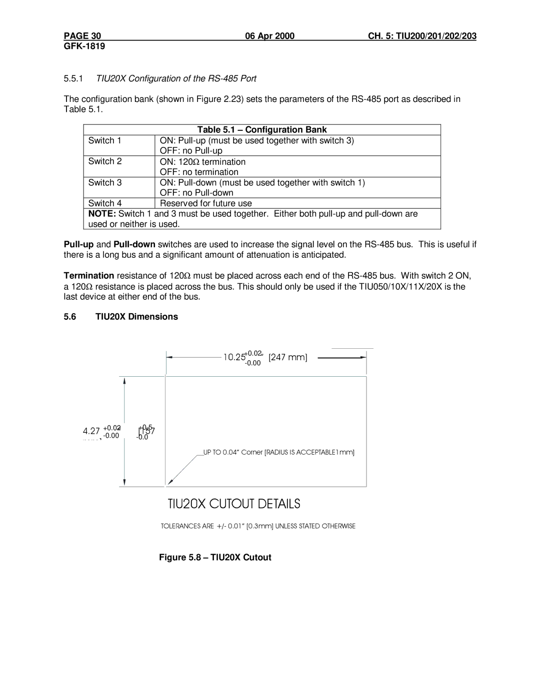 GE HE500TIU050 manual Apr CH TIU200/201/202/203 GFK-1819, 1 TIU20X Configuration of the RS-485 Port, TIU20X Dimensions 