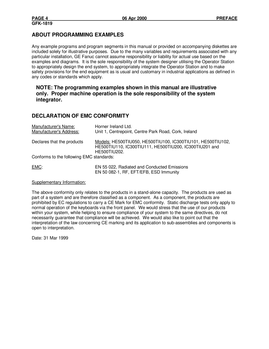 GE HE500TIU050, IC300TIU201, IC300TIU101, HE500TIU100 manual About Programming Examples, Declaration of EMC Conformity, 06 Apr 