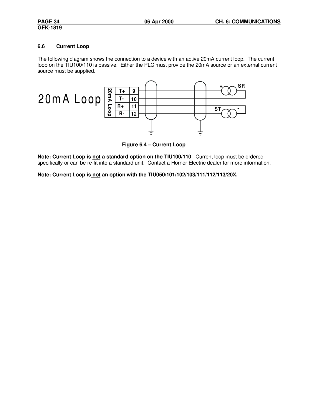 GE HE500TIU110, IC300TIU201, IC300TIU101, HE500TIU100, HE500TIU050, HE500TIU113, HE500TIU202 manual GFK-1819 Current Loop, + Sr 