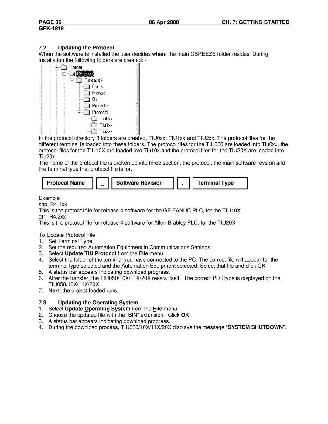 GE HE500TIU102, IC300TIU201, IC300TIU101 manual GFK-1819 Updating the Protocol, Protocol Name Software Revision Terminal Type 