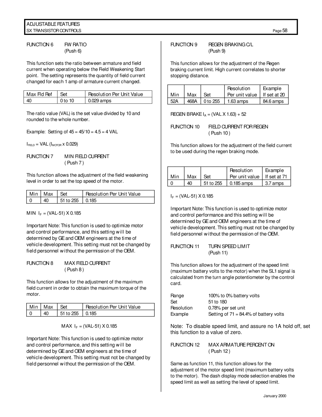 GE IC3645SP4U400N3, IC3645SR4U404N2 operation manual Function 10 Field Current for Regen 