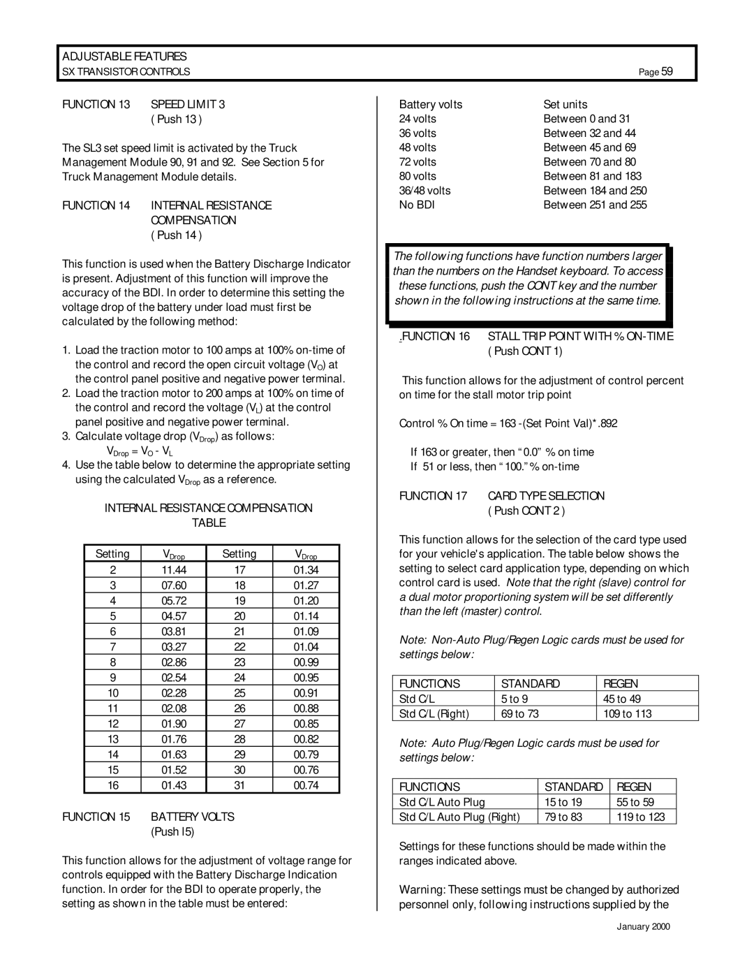 GE IC3645SR4U404N2 Internal Resistance Compensation, Battery Volts, Battery volts Set units, Functions Standard Regen 