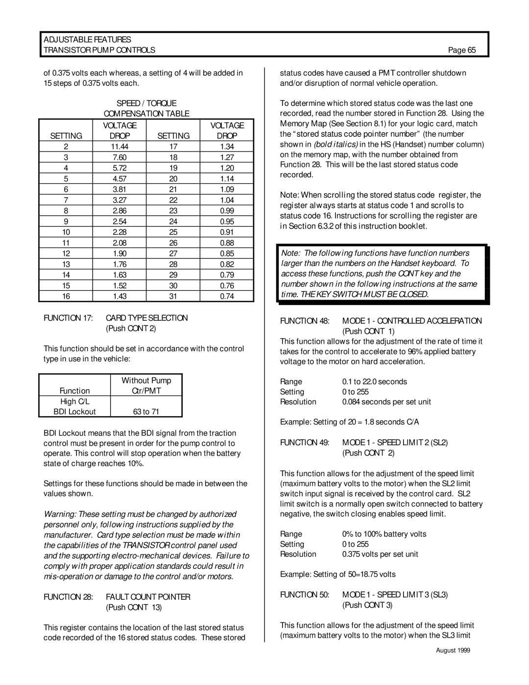 GE IC3645SR4U404N2 Speed / Torque Compensation Table Voltage Setting, Without Pump, Function 50 Mode 1 Speed Limit 3 SL3 