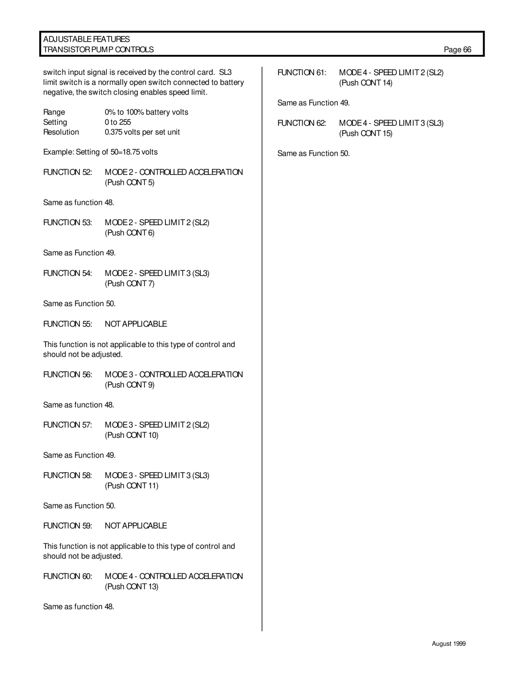 GE IC3645SP4U400N3 Function 53 Mode 2 Speed Limit 2 SL2, Function 54 Mode 2 Speed Limit 3 SL3, Function 55 not Applicable 