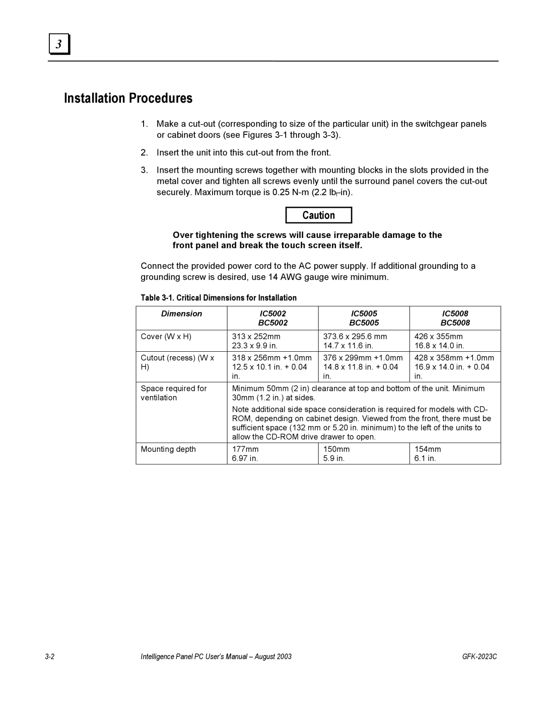 GE BC5002, IC5002, BC5005, IC5005, IC5008, BC5008 user manual Installation Procedures, Critical Dimensions for Installation 