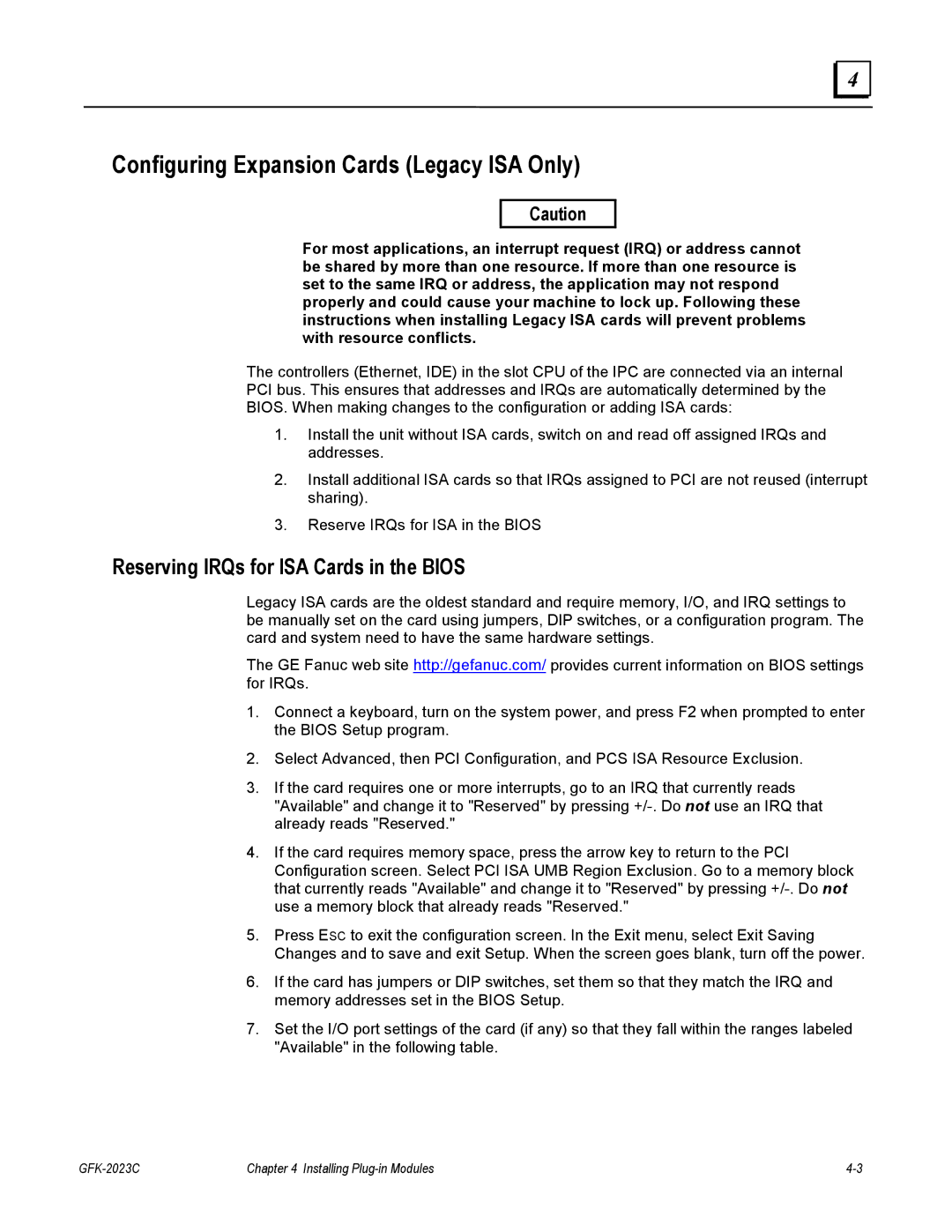 GE BC5005, IC5002, IC5005, IC5008 Configuring Expansion Cards Legacy ISA Only, Reserving IRQs for ISA Cards in the Bios 