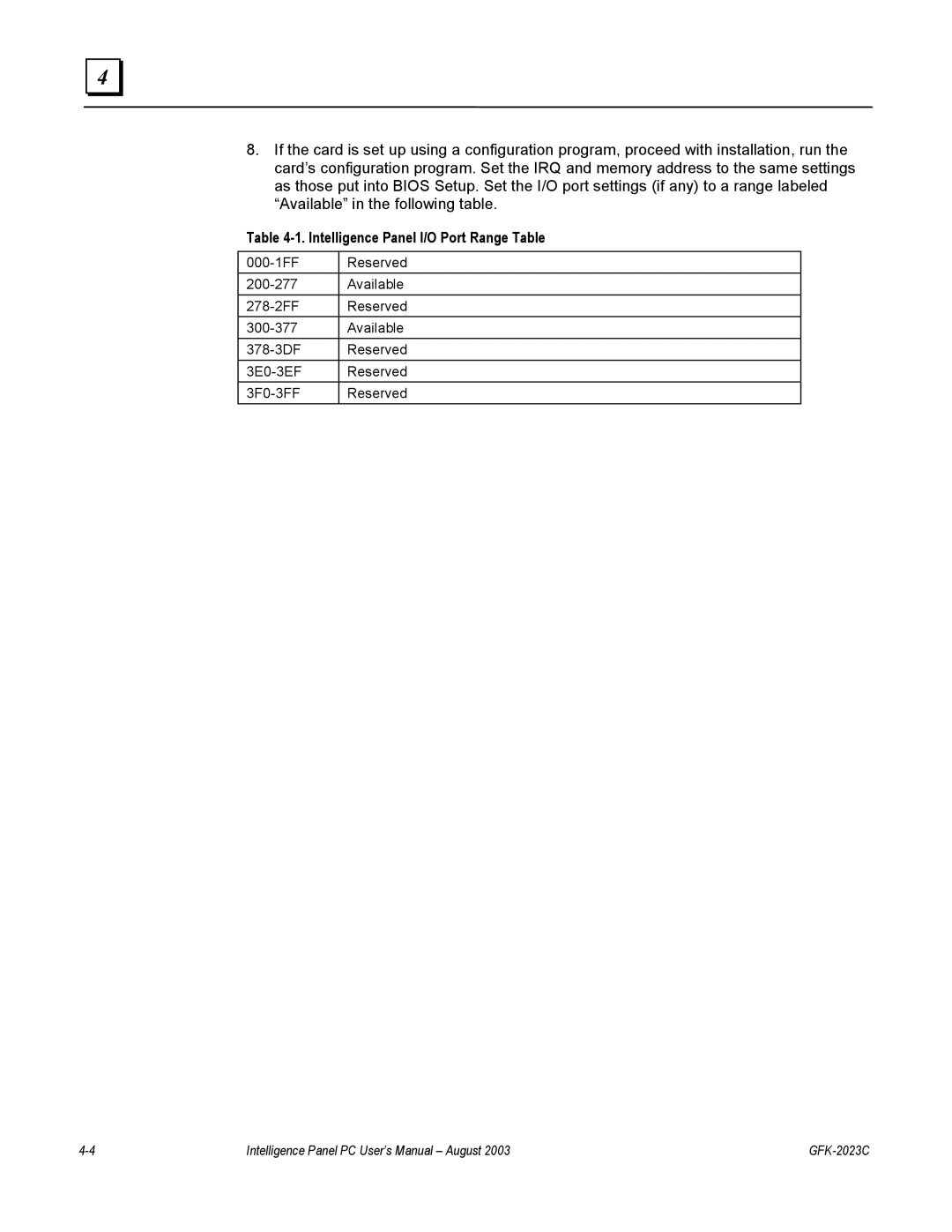 GE IC5005, IC5002, BC5005, IC5008, BC5008, BC5002 user manual Intelligence Panel I/O Port Range Table 