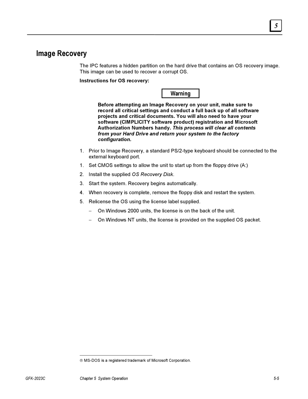 GE BC5005, IC5002, IC5005, IC5008, BC5008, BC5002 user manual Image Recovery 