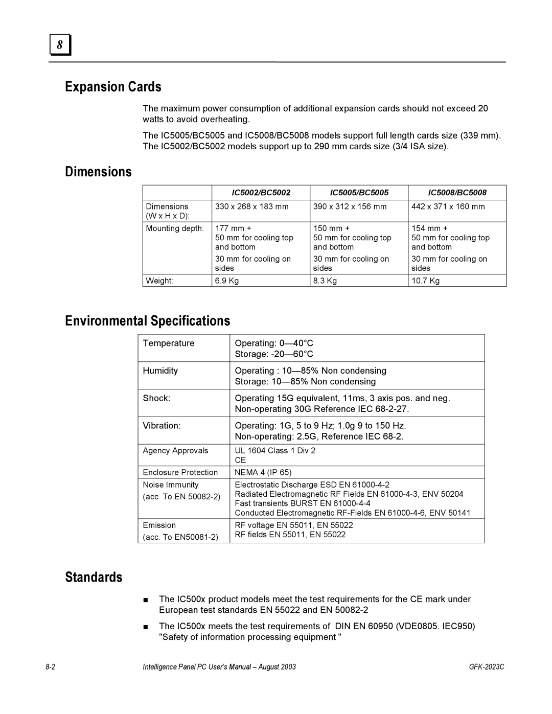 GE IC5008, IC5002, BC5005, IC5005, BC5008, BC5002 Expansion Cards, Dimensions, Environmental Specifications, Standards 