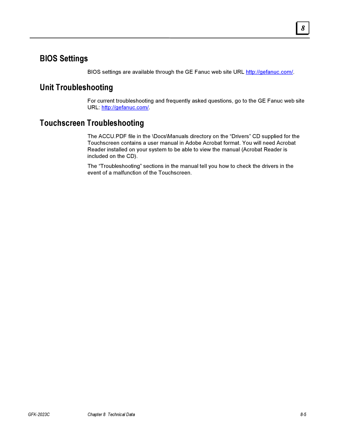 GE IC5002, BC5005, IC5005, IC5008, BC5008, BC5002 user manual Bios Settings, Unit Troubleshooting, Touchscreen Troubleshooting 