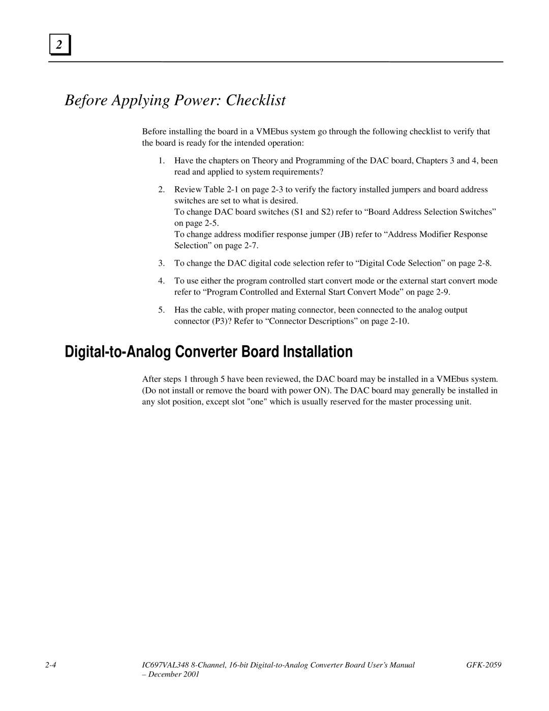 GE IC697VAL348 user manual Before Applying Power Checklist, Digital-to-Analog Converter Board Installation 