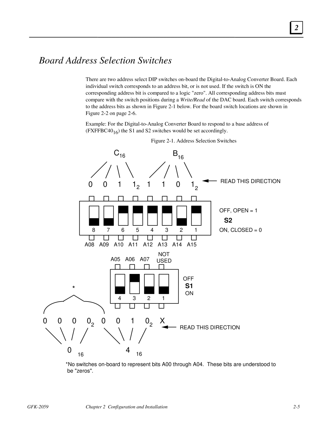 GE IC697VAL348 user manual Board Address Selection Switches, Read this Direction OFF, Open = ON, Closed = 