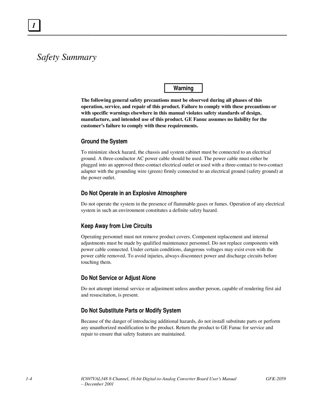 GE IC697VAL348 user manual Safety Summary, Ground the System 