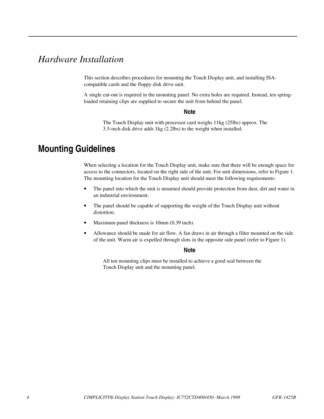 GE 450, IC752CTD400 manual Hardware Installation, Mounting Guidelines 