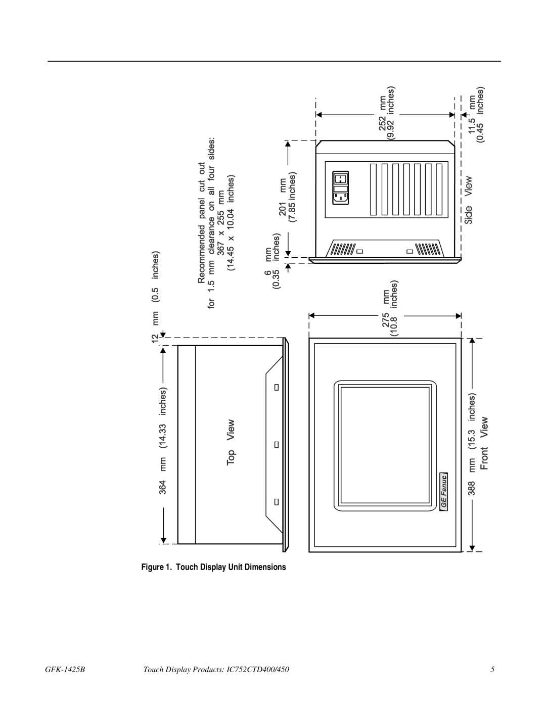 GE IC752CTD400, 450 manual Touch Display Unit Dimensions 