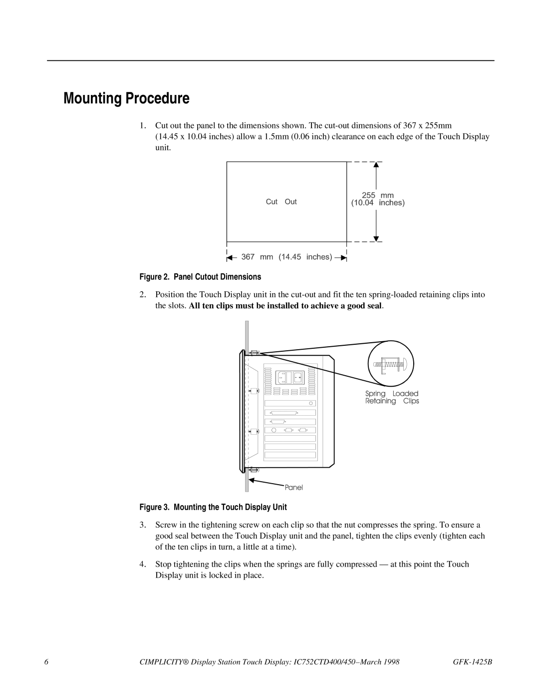 GE 450, IC752CTD400 manual Mounting Procedure, Panel Cutout Dimensions 