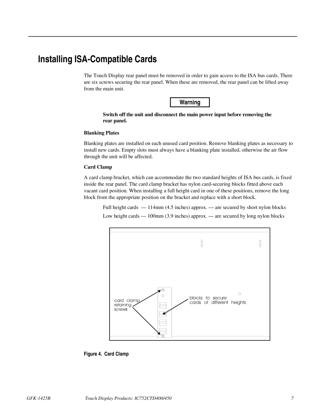 GE IC752CTD400, 450 manual Installing ISA-Compatible Cards, Card Clamp 