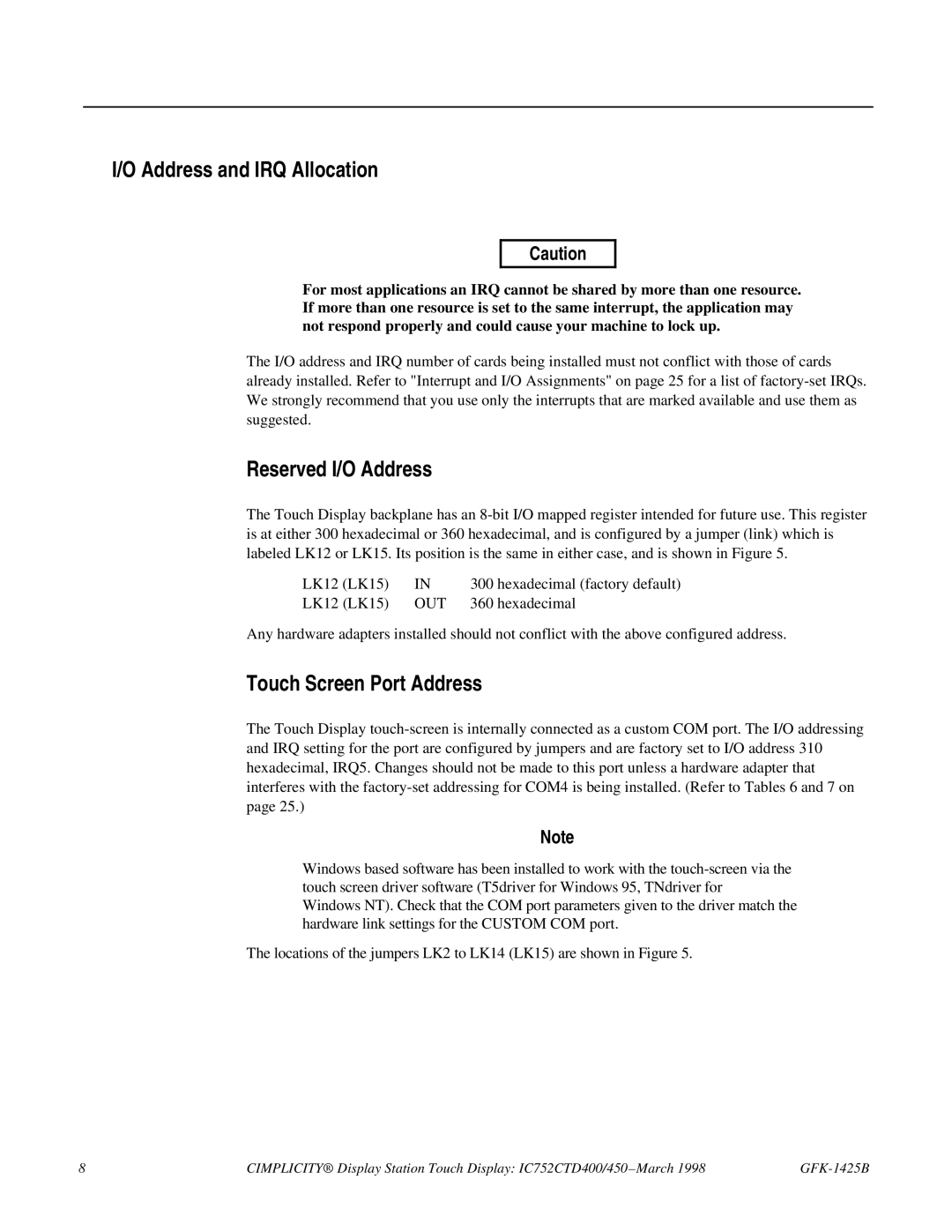 GE 450, IC752CTD400 manual Address and IRQ Allocation, Reserved I/O Address, Touch Screen Port Address 