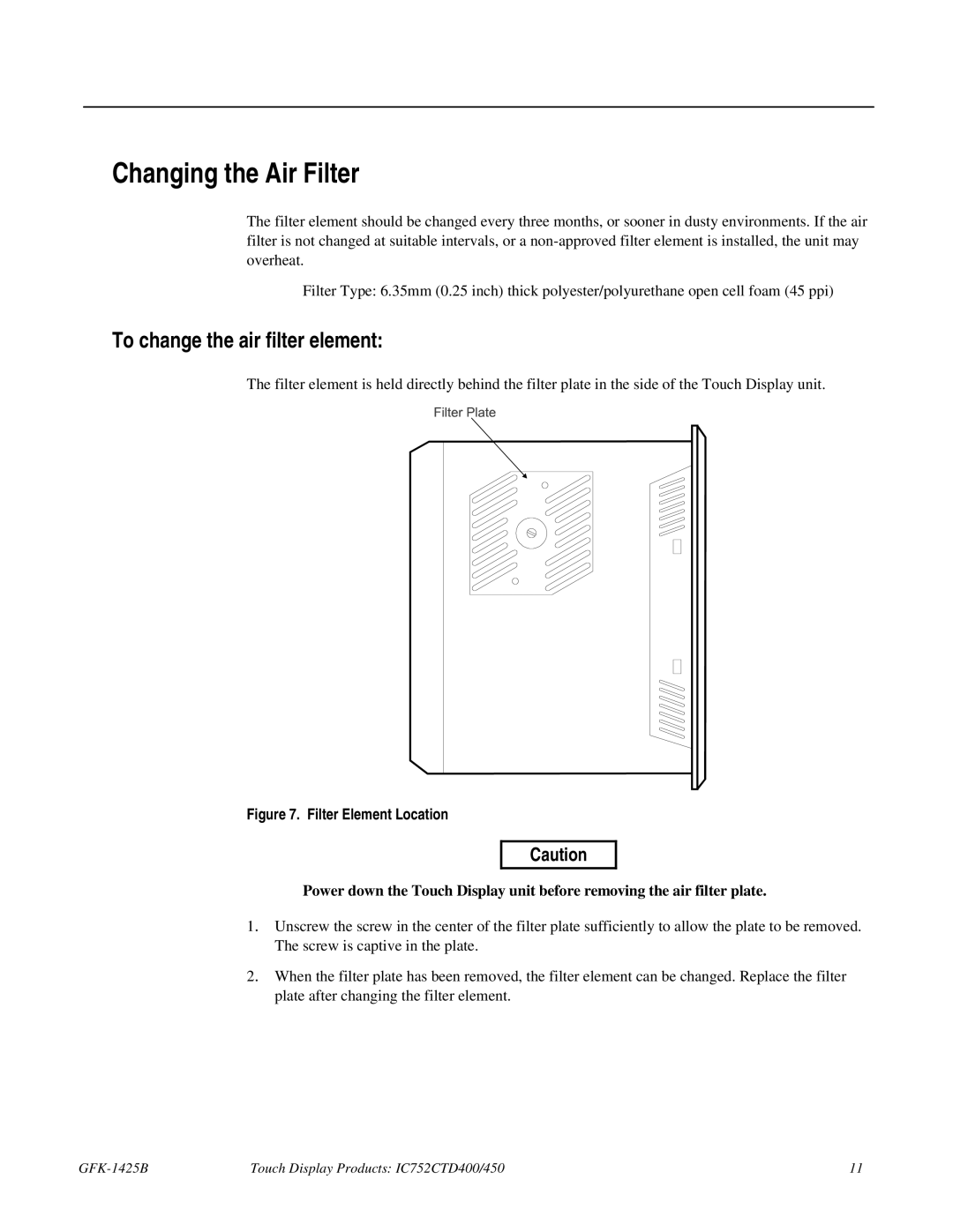 GE IC752CTD400, 450 manual Changing the Air Filter, To change the air filter element 