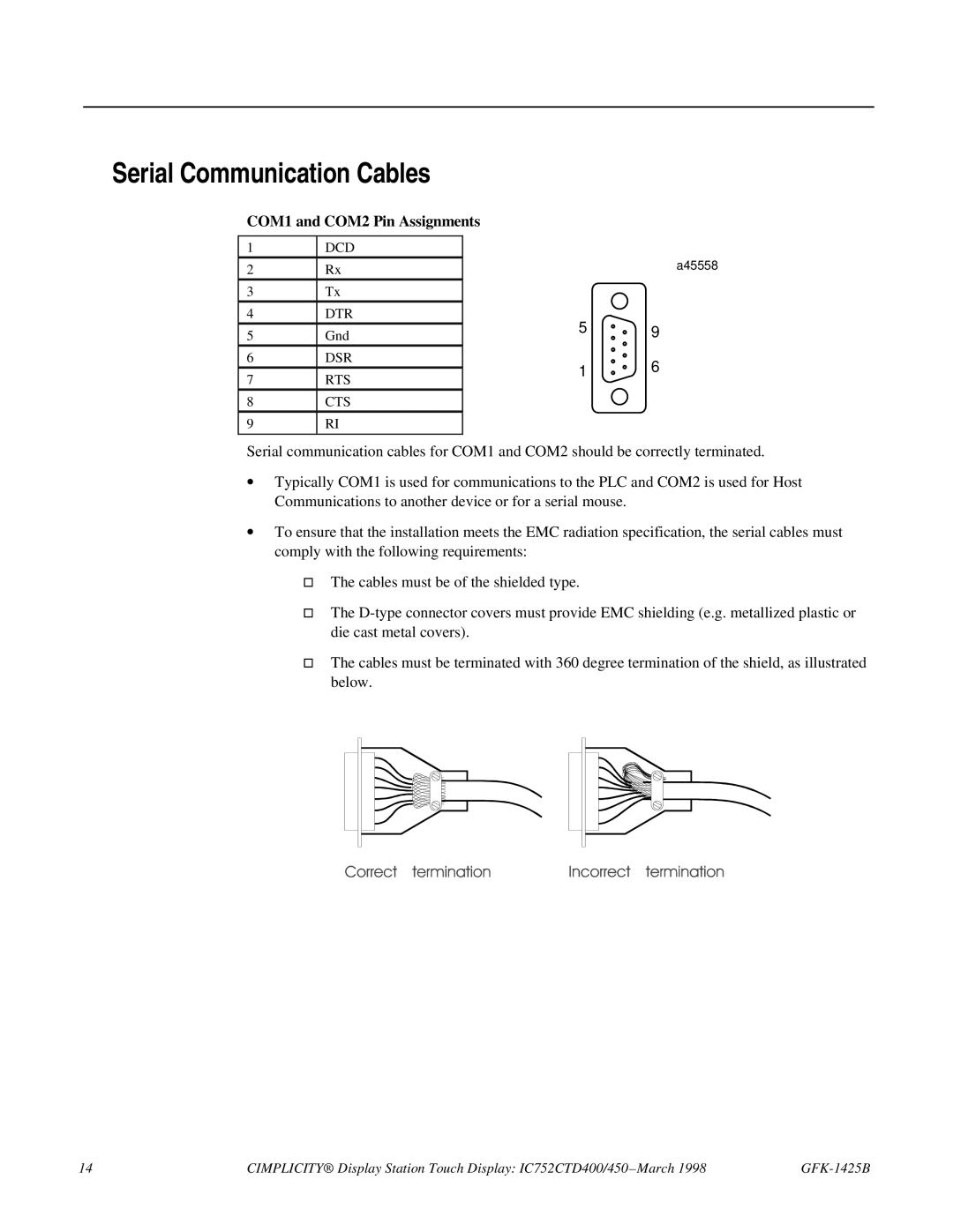 GE 450, IC752CTD400 manual Serial Communication Cables, COM1 and COM2 Pin Assignments 