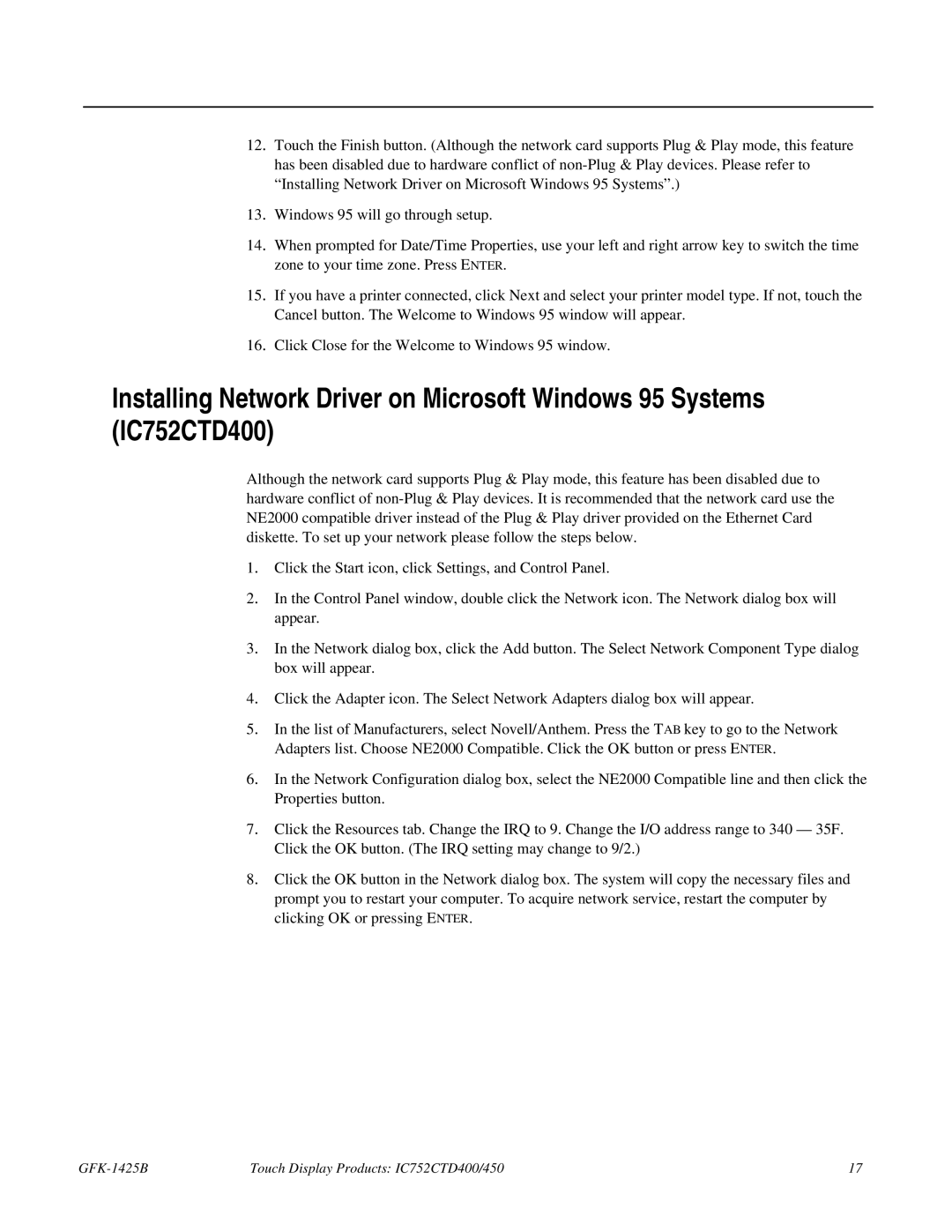 GE manual GFK-1425B Touch Display Products IC752CTD400/450 