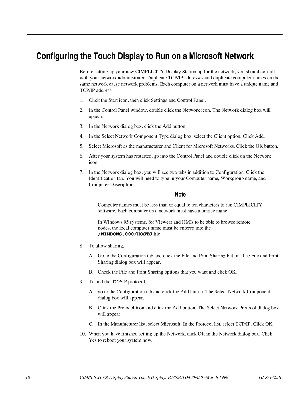 GE 450, IC752CTD400 manual Configuring the Touch Display to Run on a Microsoft Network 