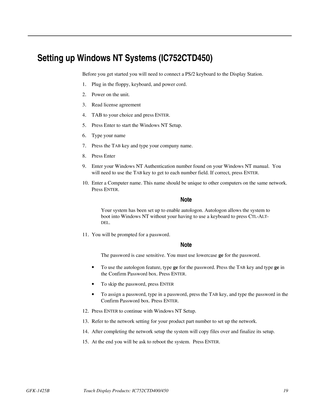 GE IC752CTD400 manual Setting up Windows NT Systems IC752CTD450 