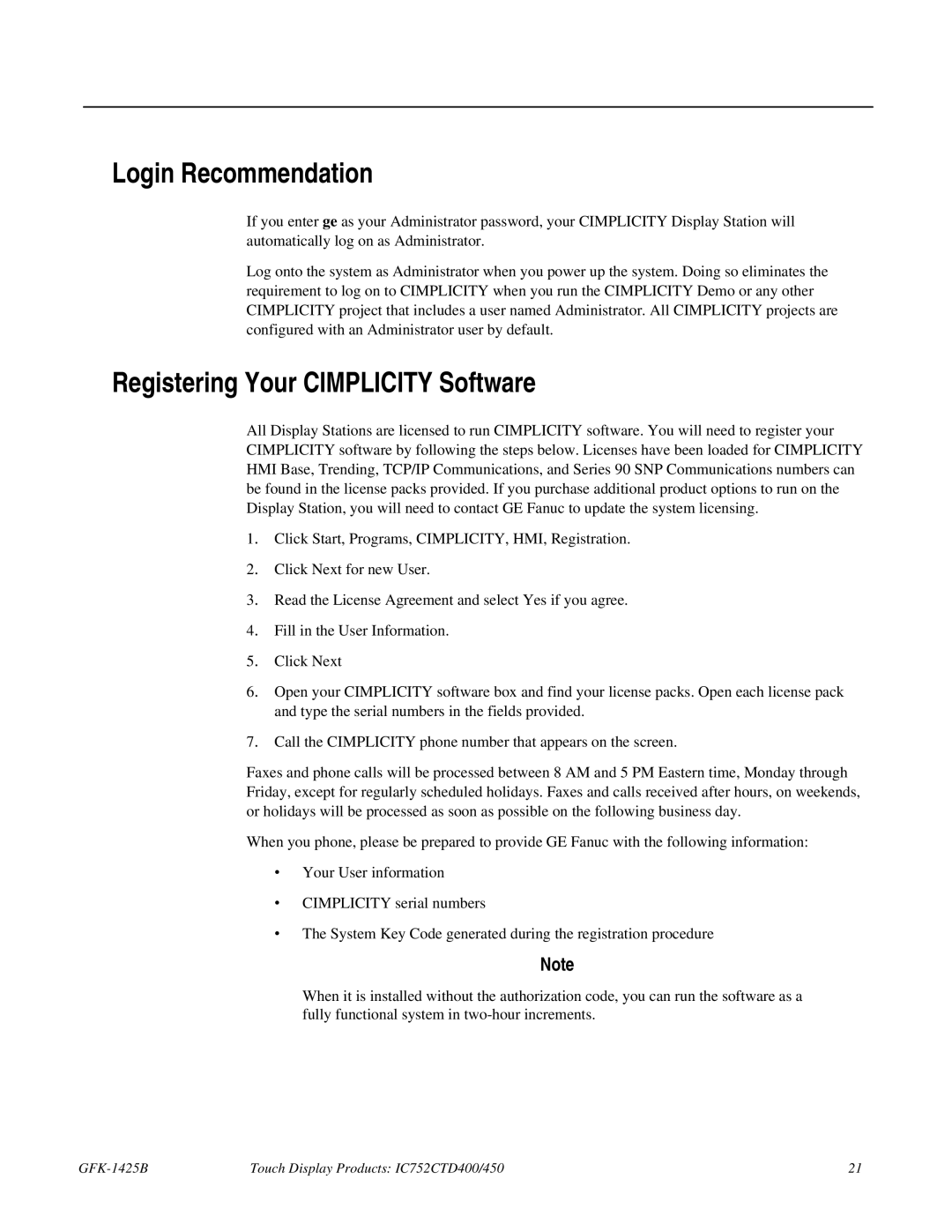 GE IC752CTD400, 450 manual Login Recommendation, Registering Your Cimplicity Software 