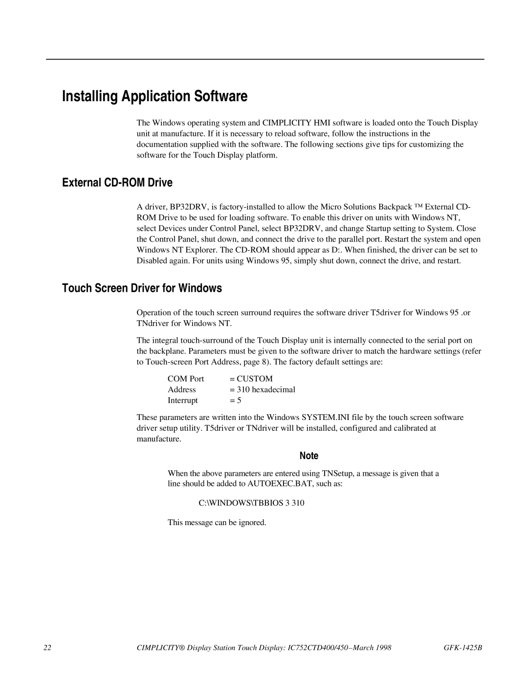 GE 450, IC752CTD400 manual Installing Application Software, External CD-ROM Drive, Touch Screen Driver for Windows 