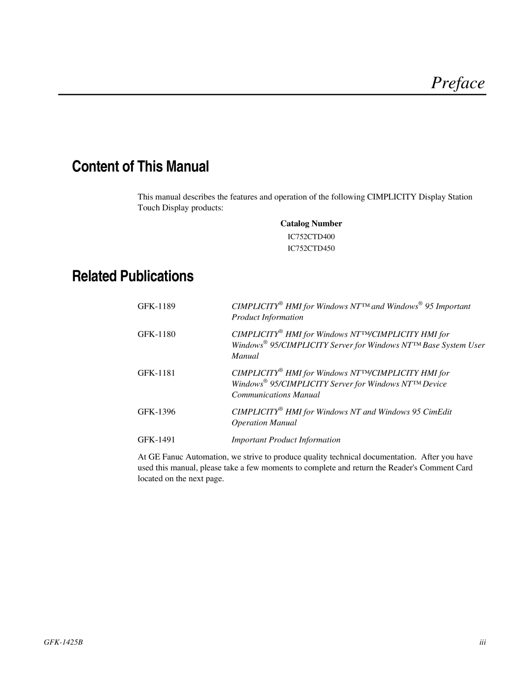 GE 450, IC752CTD400 manual Content of This Manual, Related Publications, Catalog Number 