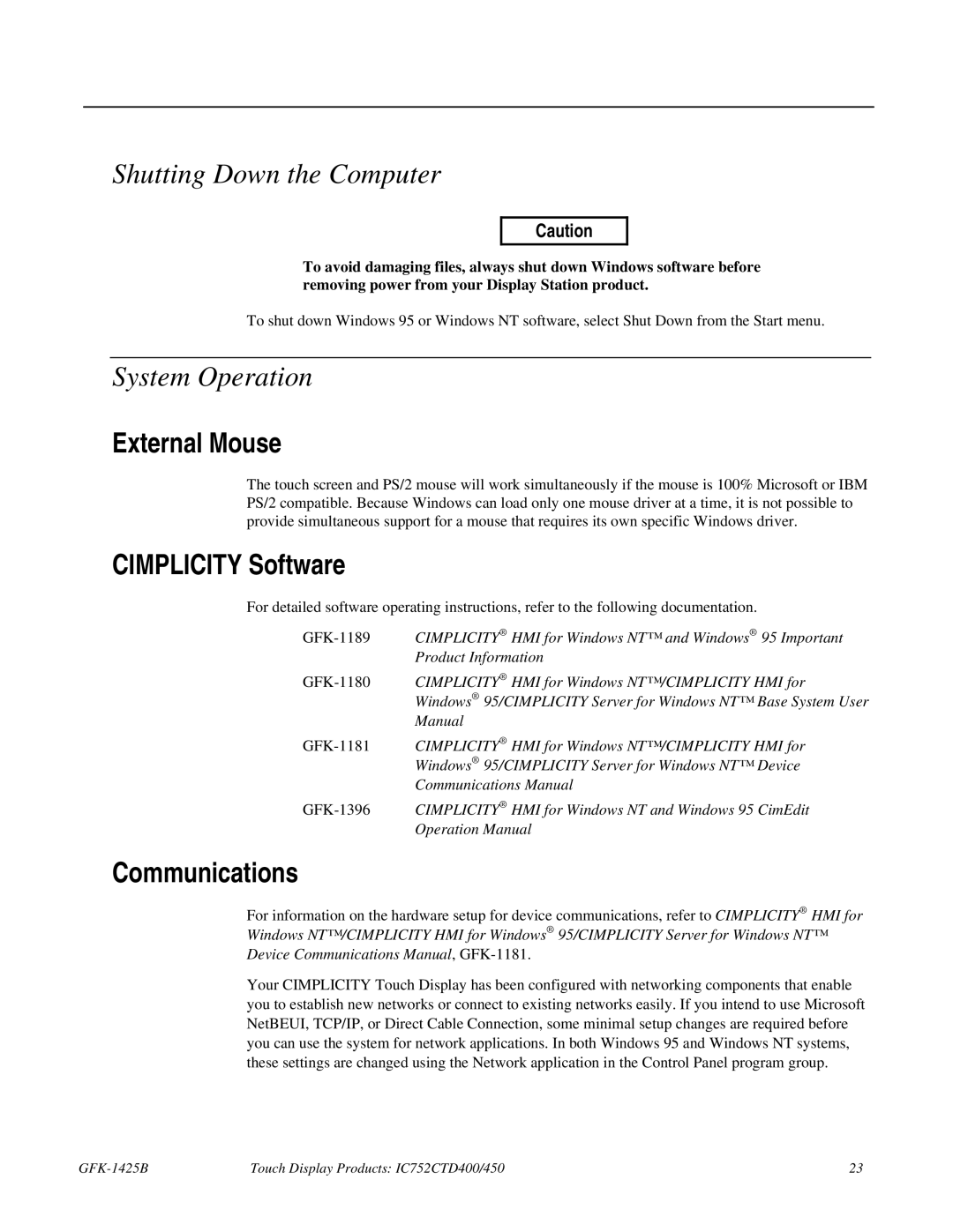 GE IC752CTD400, 450 manual Shutting Down the Computer, System Operation, External Mouse, Cimplicity Software, Communications 