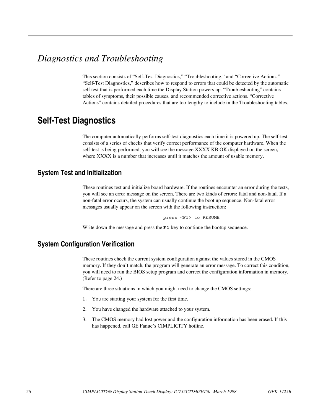 GE 450, IC752CTD400 manual Diagnostics and Troubleshooting, Self-Test Diagnostics, System Test and Initialization 