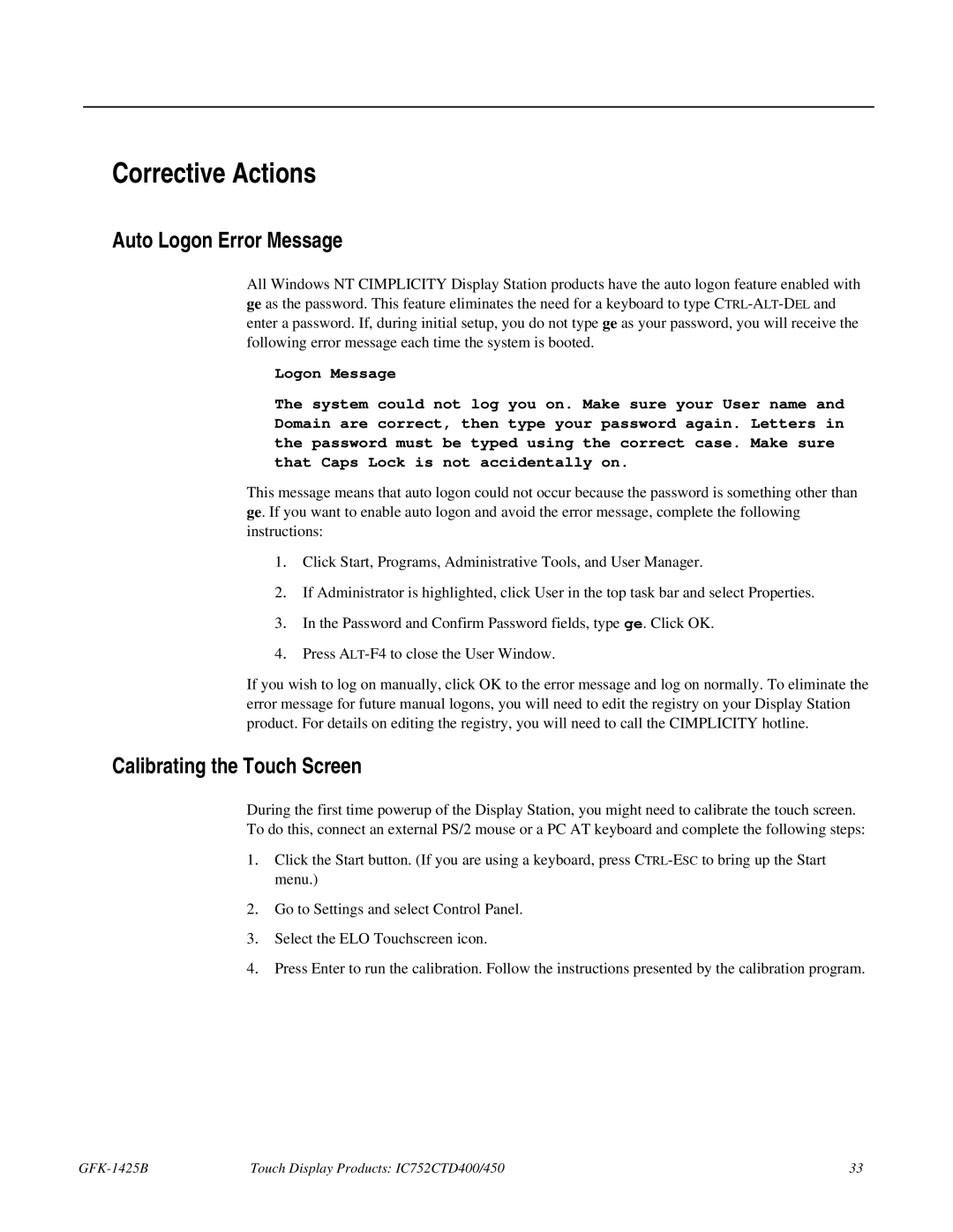 GE IC752CTD400, 450 manual Corrective Actions, Auto Logon Error Message, Calibrating the Touch Screen 