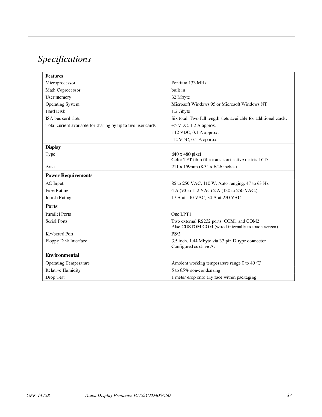 GE IC752CTD400, 450 manual Specifications, Power Requirements, Ports, Environmental 