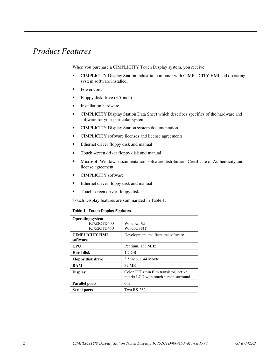 GE 450, IC752CTD400 manual Product Features, Touch Display Features 