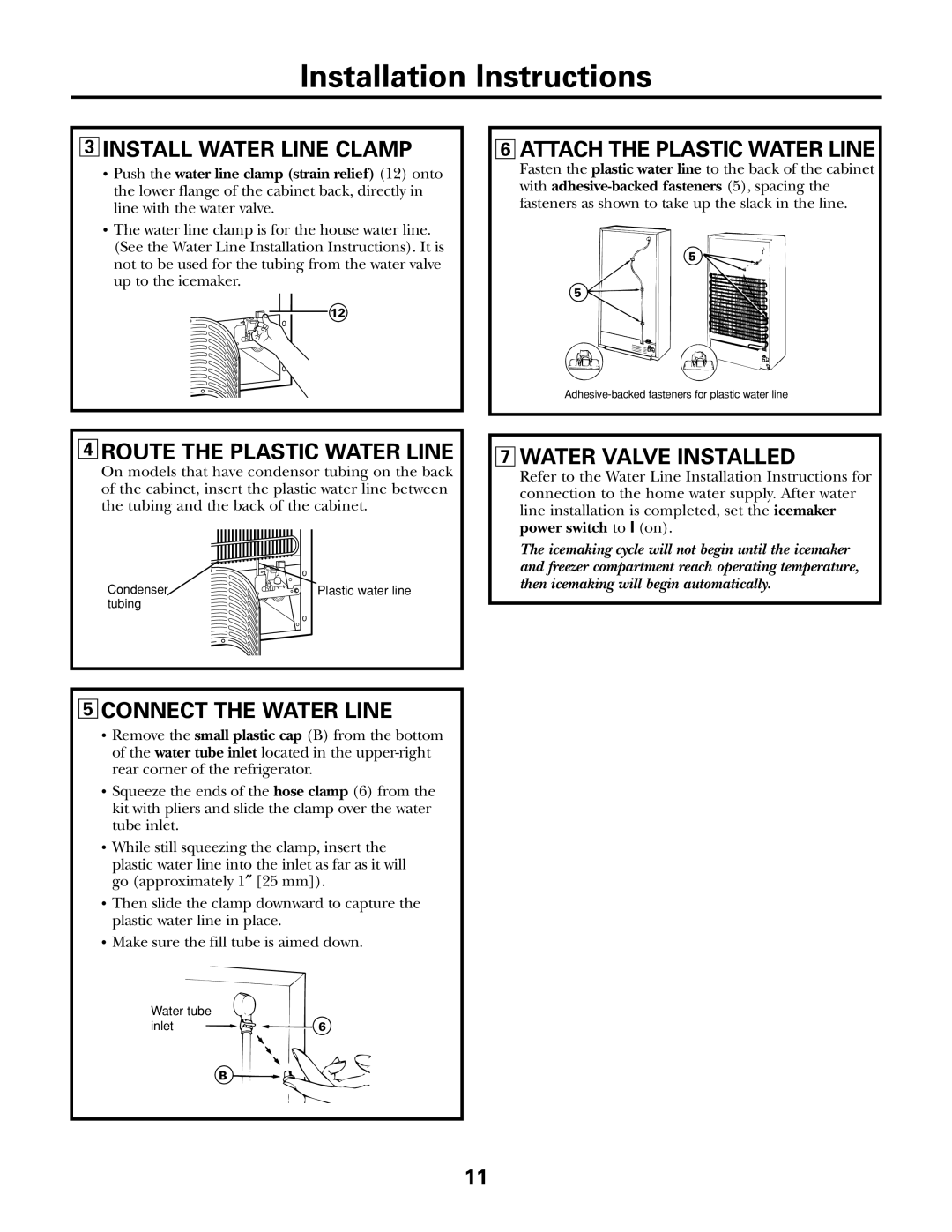 GE IM-5SS Install Water Line Clamp, Route the Plastic Water Line, Attach the Plastic Water Line, Water Valve Installed 