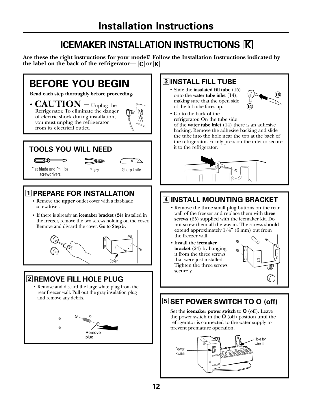 GE IM-5SS Icemaker Installation Instructions K, Install Fill Tube, Remove Fill Hole Plug, Install Mounting Bracket 