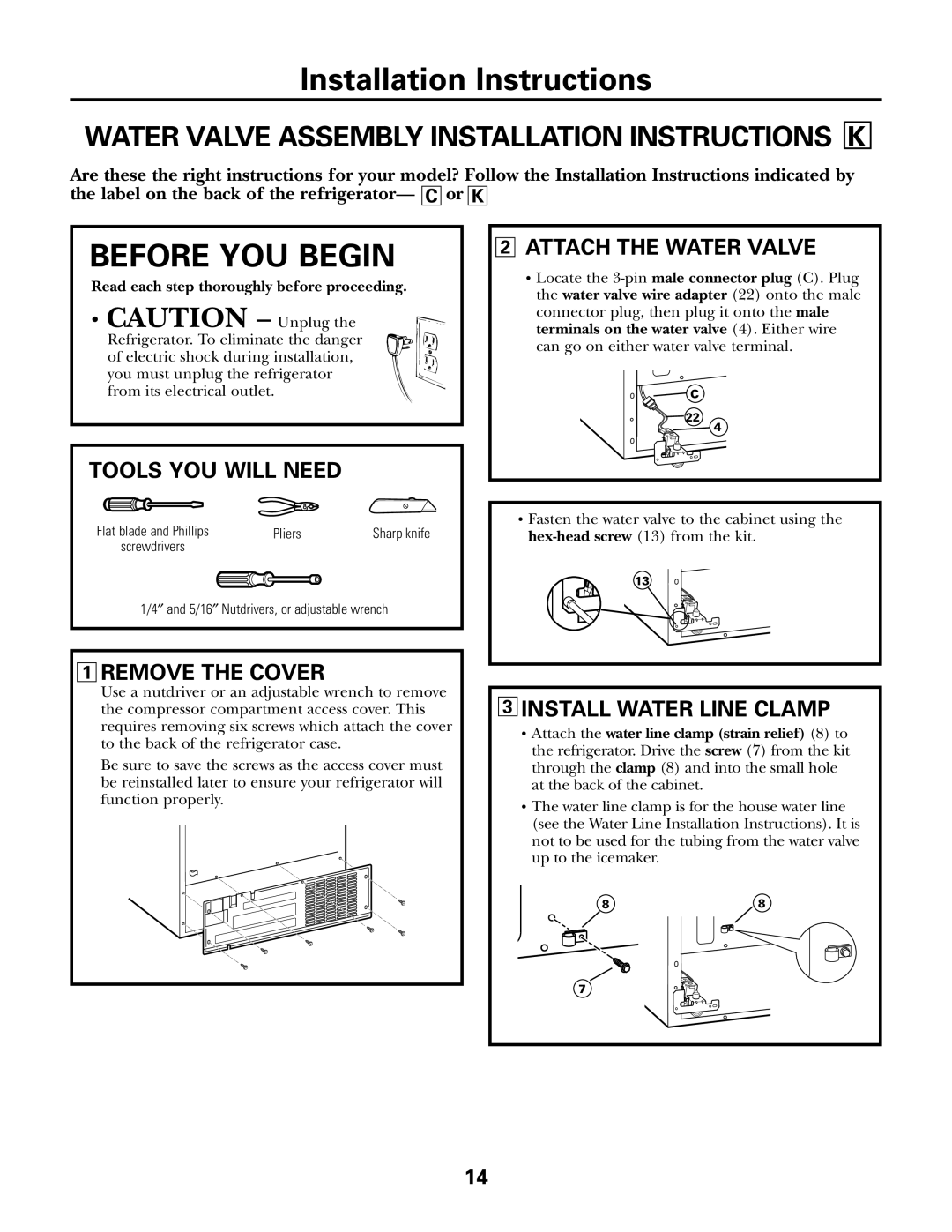 GE IM-5SS installation instructions Water Valve Assembly Installation Instructions K, Remove the Cover 