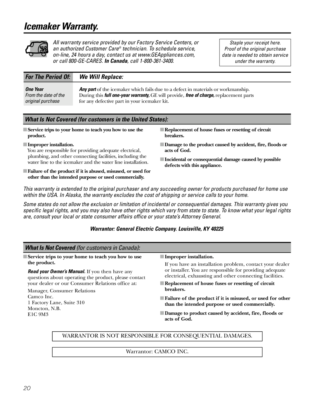 GE IM-5SS Icemaker Warranty, For The Period Of We Will Replace, What Is Not Covered for customers in the United States 