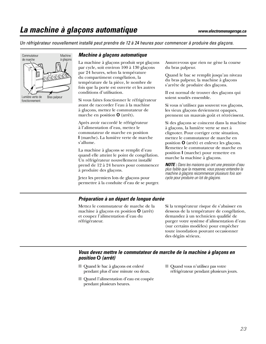 GE IM-5SS La machine à glaçons automatique, Machine à glaçons automatique, Préparation à un départ de longue durée 