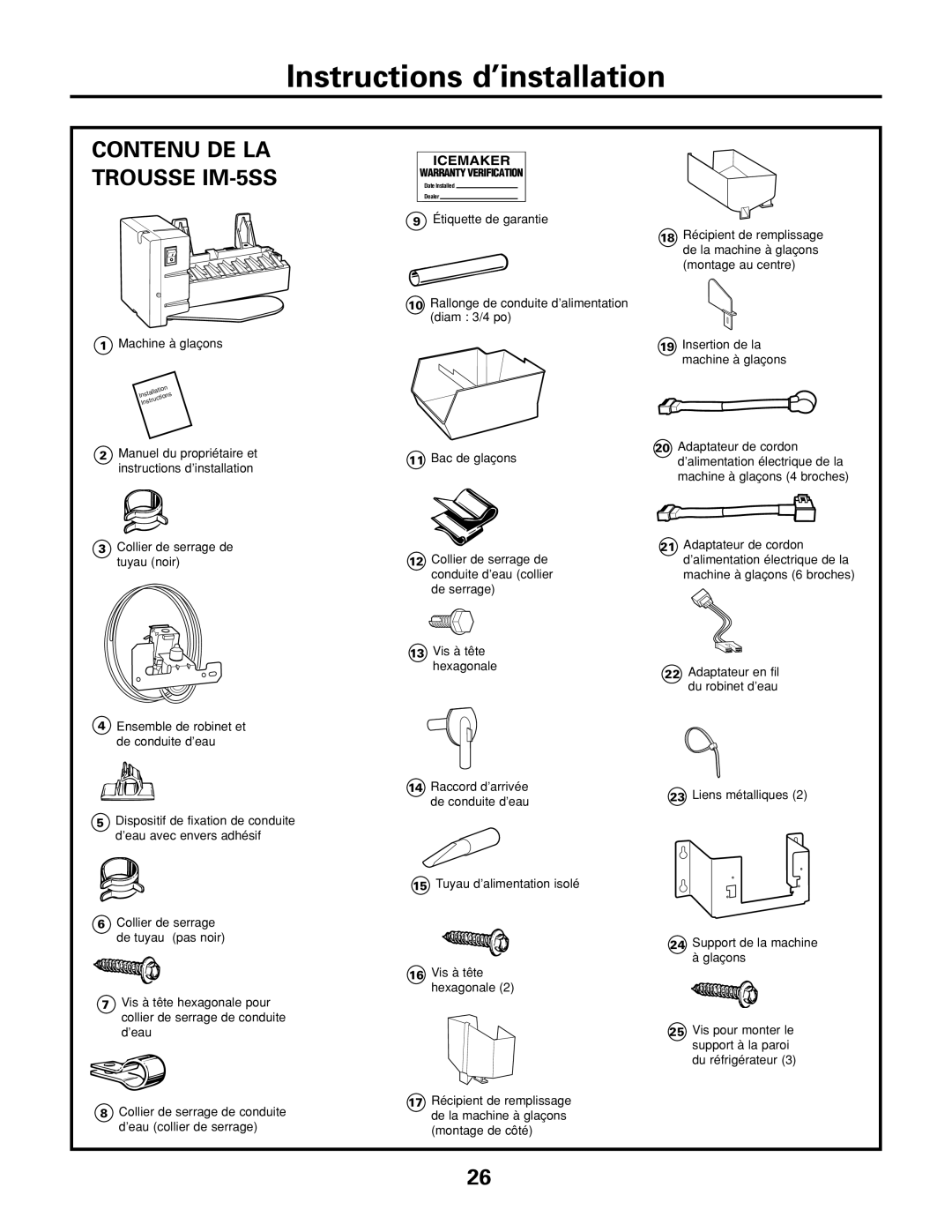 GE installation instructions Instructions d’installation, Contenu DE LA Trousse IM-5SS 